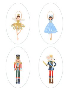 four nutcrackers are depicted in three different circular frames, each with an individual figure