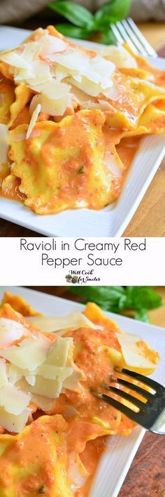 ravioli in creamy red pepper sauce is served on a white plate with a fork