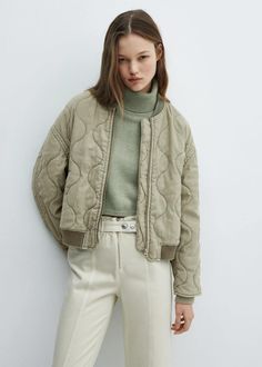 Quilted bomber jacket -  Women | Mango USA Mango Outlet, Open Front Jacket, Faux Suede Jacket, Women's Coats & Jackets, Knit Jacket, Khaki Green, Color Khaki, Quilted Jacket, Emporio Armani