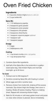 the ingredients for an oven fried chicken are shown in this brochure, which includes instructions