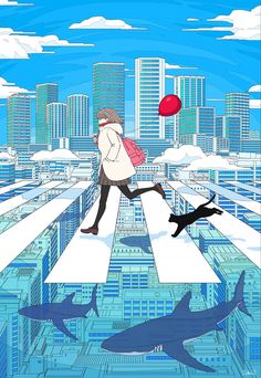 a man walking across a cross walk with a red ball in his hand and two sharks nearby