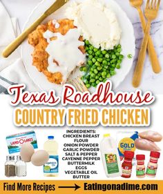 an advertisement for texas roadhouse country fried chicken on a plate with peas and eggs