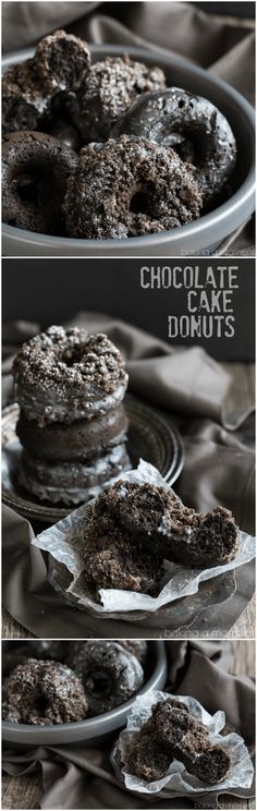 chocolate donuts are sitting on top of each other in tins and ready to be eaten