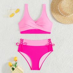 Womens Pink Two-Piece Swimsuit with Side Ties Summer Pink Tie-side Swimwear, Pink Tie-side Swimwear, Pink Spring Tie-side Bottom Swimwear, Female Swimsuit, Pink 4-way Stretch Swimwear For Beach, Pink Beachwear Swimwear, Bra Friendly, Pink Two Piece, Swimwear Pattern, Middle Age Fashion