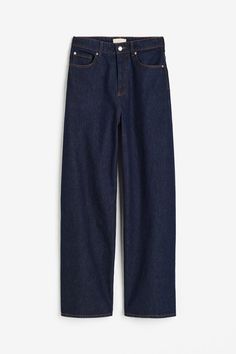 Loose-fit, 5-pocket jeans in thick cotton denim. Regular waist, zip fly with button, and extra-long, wide legs. -Article number:1196074002 -Length: Extra-long legs -Waist Rise: Regular waist -Fit: Loose fit -Style: Wide-cut -Description: Dark denim blue, Solid-color -Imported: Yes -Concept: H&M EDITION Composition -Cotton 100% -Material: Cotton, Denim Fitted Denim Shirt, Fitted Coat, Dark Blue Jeans, Dark Jeans, Leather Trousers, Pocket Jeans, Dark Denim, Denim Blue, Denim Shirt