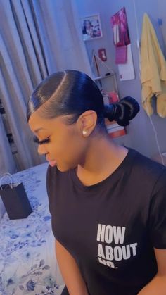 Simple Updo For Black Women, Slick Back Bun Weave, Slick Back Knot Bun, Low Bun Hairstyles For Black Women, Sleek Back Bun, Bun Ideas, Birthday 15, Hair Inspired