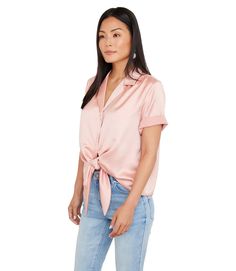 Cut from luxurious heavy satin, this top is detailed with a stylish tie-front and polished cuffed sleeves. This top pairs perfectly with linen shorts for a fresh, warm weather look. Bohemian Chic Outfits, Blouse Nordstrom, Tie Front Blouse