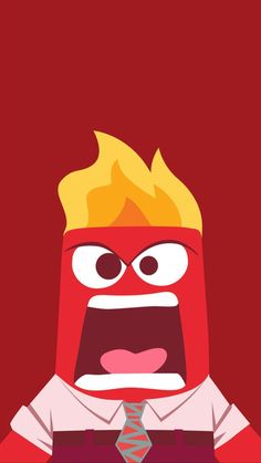 a cartoon character wearing a tie and shirt with flames on his head, standing in front of a red background