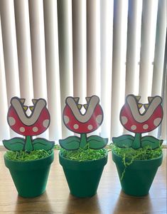 three potted plants sitting on top of a wooden table in front of a window