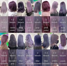 Types Of Purple Hair Colour, Hair Dye Ideas Purple Lavender, Smokey Violet Hair Color, Purple Hair Shades Chart, Pale Violet Hair, Dark Lavender Hair Color, Washed Out Purple Hair, Dark Ashy Purple Hair, Purple Dye On Black Hair