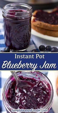 blueberry jam in a glass jar with a spoon