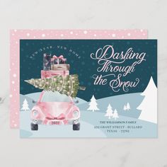 a christmas card with a pink car carrying presents