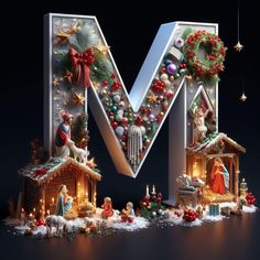 the letter m is made up of christmas decorations and lite - up houses with lights