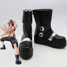 an anime character is standing next to a pair of black boots