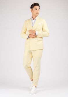 Look like royalty in the Waverly Cream Stretch Suit. Crafted with a vibrant, cream yellow stretch cotton, it's the perfect combination of style and comfort. Get ready to look your best while making a statement! Custom made for you. Make your move! Fitted Yellow Suits For Workwear, Fitted Yellow Suits For Spring, Spring White Fitted Double Breasted Suit, Fitted Cream Cotton Blazer, Yellow Suits For Spring Workwear, Spring Yellow Suits For Workwear, Spring Yellow Suits For Work, Elegant Tailored Yellow Sets, Tailored Yellow Suit With Notch Lapel