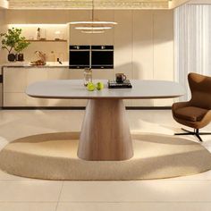 a modern dining room with an oval table and chairs