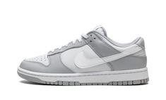 The Nike Dunk Low “Two-tone Grey” is a versatile, white-and-grey colorway of the casual lifestyle shoe that was released in March 2022.  The base of the upper is designed in Pure Platinum leather while contrasting Wolf Grey leather appears on the overlays.  A white leather Swoosh is found on either side of the shoe and white “Nike” branding is embroidered on the heel.  The grey tongue tag features “Nike” and Swoosh detailing.  A two-tone, white midsole and grey rubber outsole complete the design Classic Nike Shoes, Nike X Travis Scott, Low Air Jordan 1, Jordan 8, Adidas Spezial, Dunks Nike, Jordan 2, Nike Dunk High, Nike Brand