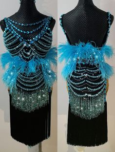 Made to order based on your measurements and requests. You may alter the design or color as you wish. Blue Fitted Dress For Carnival, Fitted Blue Dress For Carnival, Blue Sleeveless Costume Dress, Fitted Sequin Costume Dress, Black Ballroom Dress, Latin Ballroom Dresses, Latin Dance Dresses, Black Fringe, Beautiful Costumes