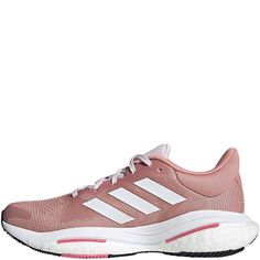 Adidas Womens Solarglide 5 Sneakers Pink Athletic Fit Running Shoes With Round Toe, Pink Athletic Fit Round Toe Running Shoes, Pink Athletic Sneakers With Cushioned Footbed, Pink Athletic Fit Running Shoes With Boost Midsole, Pink Air Max Cushioned Sneakers, Pink Athleisure Sneakers With Athletic Fit, Pink Athletic Fit Low-top Sneakers, Pink Athleisure Athletic Sneakers, Pink Athletic Fit Sneakers For Athleisure