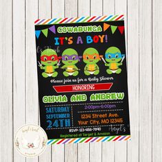 Turtle Baby Shower Theme, Baby Ninja Turtle, Ninja Turtle Invitations, Baby Ninja, Turtle Baby Shower, Angels Touch, Baby Shower Party Invitations, Baby Turtles, Invitation Baby Shower