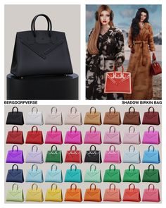 the different colors of bags are shown in this image and there is also a woman with long hair