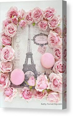 the eiffel tower is surrounded by pink roses