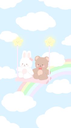 two teddy bears sitting on top of a rainbow with clouds and stars in the sky