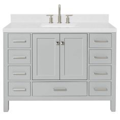 a white bathroom vanity with two sinks and drawers on it's side, against a white background