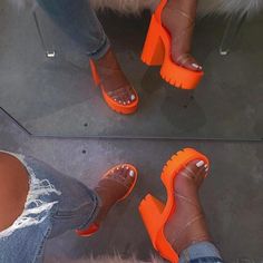 Orange High Heels, Platform High Heels, Round Toe Heels, Thick Heels