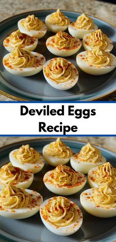 deviled eggs on a blue plate with the words deviled eggs recipe below it