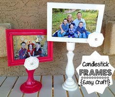 a family photo is placed on top of a red and white stand next to two photos