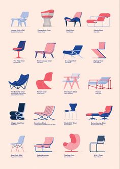 an image of different types of chairs and tables in blue, pink and red colors