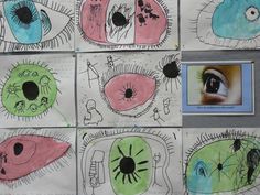 several drawings of different eyes are shown on the wall