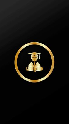 a black and gold logo with a graduation cap on it