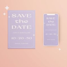 save the date card and tag on pink background with stars around it, next to an iphone