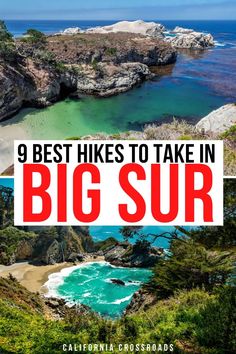 photos of different coastal landscapes with brilliant blue and turquoise water and rock and trees on the big sur coast of California. text reads the best hikes to take in big sur. Best West Coast Hikes, Julia Pfeiffer Burns State Park, Best Hikes In Big Sur, Big Sur Hikes, Pfeiffer Big Sur State Park, Big Sur California Aesthetic, Big Sur California Photography, Big Sur Hiking