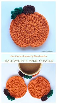 two crocheted pumpkins sitting on top of each other next to a cup