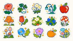 an assortment of colorful flowers and fruits on a white background with stars in the middle