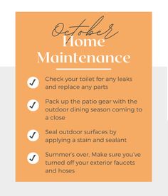 an orange and white sign with instructions on how to use the home maintenance checklist