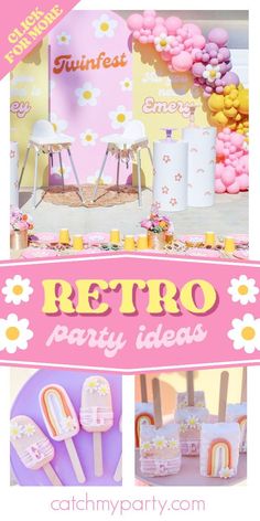 a pink and yellow retro party with lots of decorations