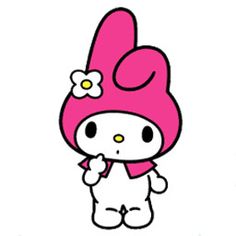 hello kitty is standing in front of a pink background