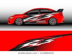 a red car with black and white graphics on the front, side and back view