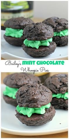 chocolate mint cookies with green frosting on top