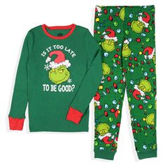 On the outskirts of Whoville lives a green, revenge-seeking Grinch who plans to ruin Christmas for all of the citizens of the town. This family How GRINCH Stole Christmas pajama sleep set-top features the character known as GRINCH with a funny saying beneath him. The pants feature a tossed print of his face and Christmas lights. The top has full sleeves for those long Christmas and winter nights, and both the pants and shirt have ribbed fabric for a no-slip feel at the ankles and wrists. The who Toddler Christmas Pajamas, Grinch Pajamas, Pants And Shirt, Christmas Slippers, The Grinch Stole Christmas, Family Pajama Sets, Halloween Pajamas, Christmas And Winter, Toddler Pajamas