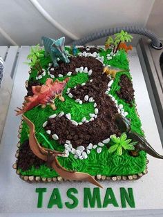 a birthday cake made to look like a field with dinosaurs and plants on it that says tasman