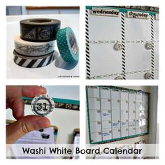 several different images of washi tape and calendars with words on them that read washi white board calendar