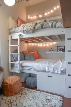 Modern dorm room with bunk beds, string lights, and cozy decor. Dorm Room 2 People, College Dorm Room Ideas 2 People, Nyu Dorm, Dorm Room Storage Ideas, Bunker Bed, Dorm Room Aesthetic, Room Storage Ideas, Easy Diy Ideas, Space Saving Hacks