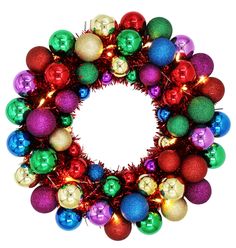 a colorful christmas wreath with ornaments and lights