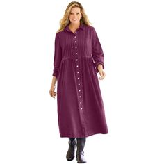 The perfect dress for cooler temperatures. Shirt collar. Easy full button front. Pintucks on bodice. Lace Jacket Dress, Mockneck Dress, Plus Size Petite, Denim Maxi Dress, Velour Dress, Pregnancy Maxi Dress, Corduroy Dress, Poplin Dress, Woman Within