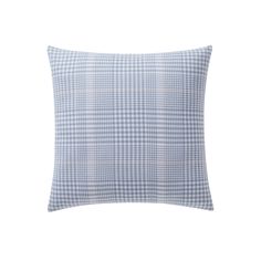 a blue and white checkered pillow on a white background